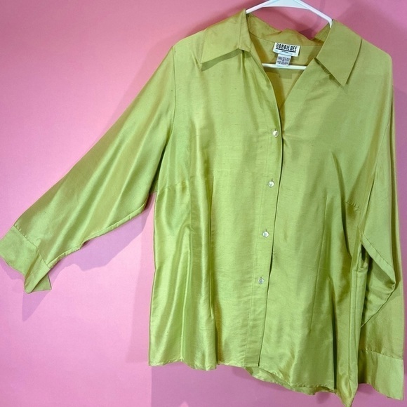 Robbie Bee vintage silk shantung button blouse Y2K chartreuse green 1X - Picture 6 of 11